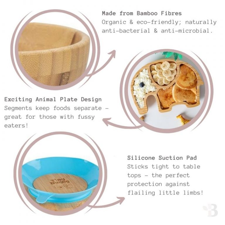 Bamboo Elephant Plate Bowl & Spoon Set Suction Stay-Put Design (Blue) On